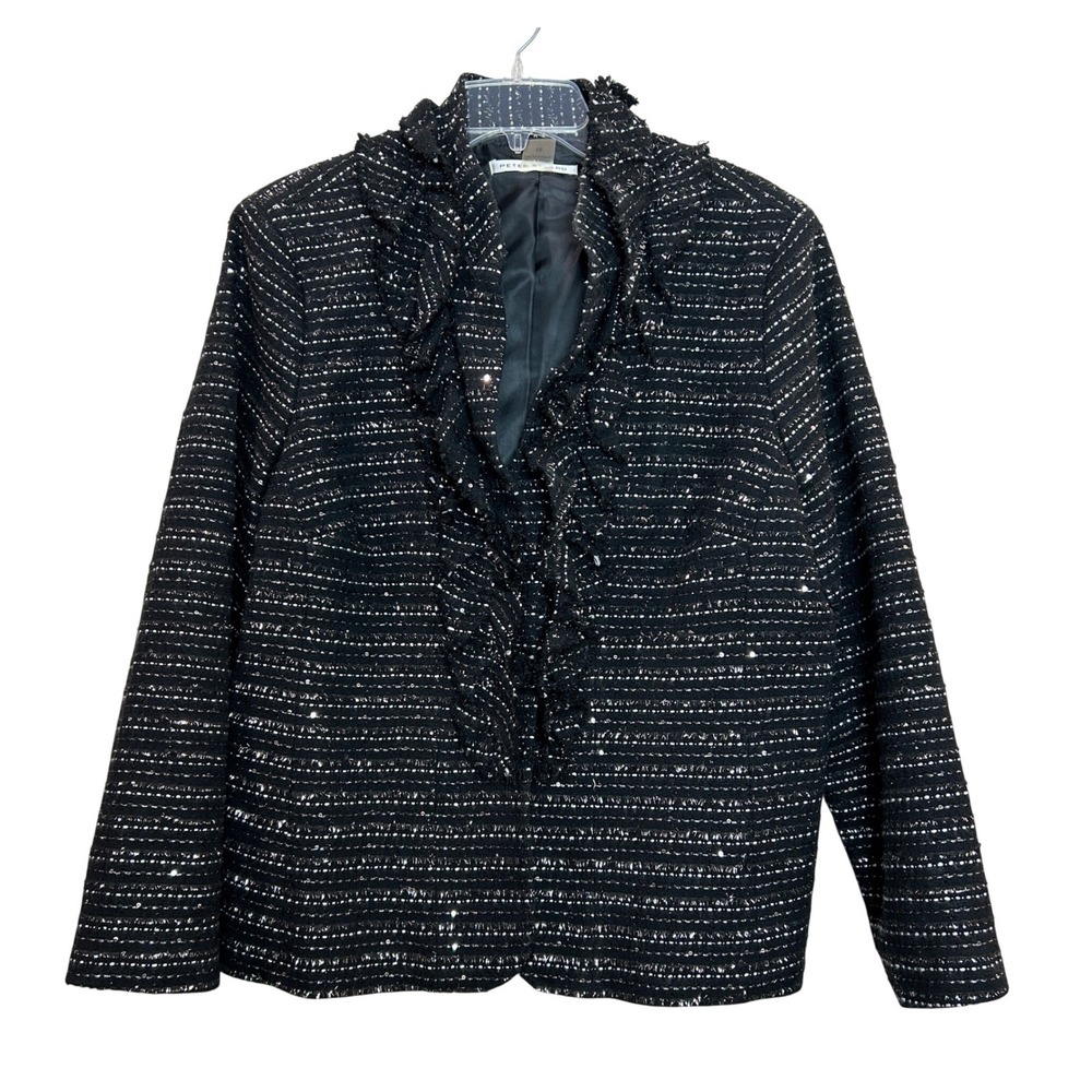 Peter Nygard Tweed Jacket Women 16 Black Silver Ruffle Sequin Frayed Blazer